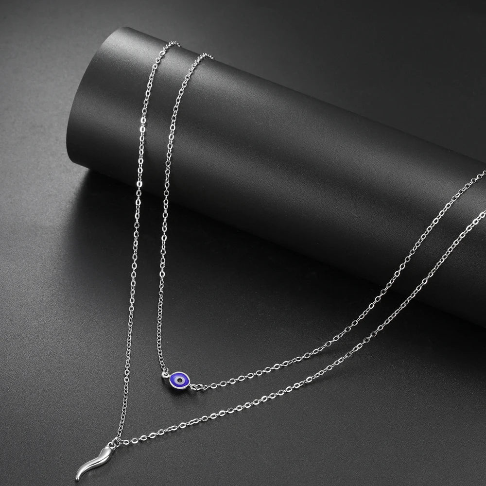 Italian Horn and Blue Evil Eye Charm Double Layer Necklace