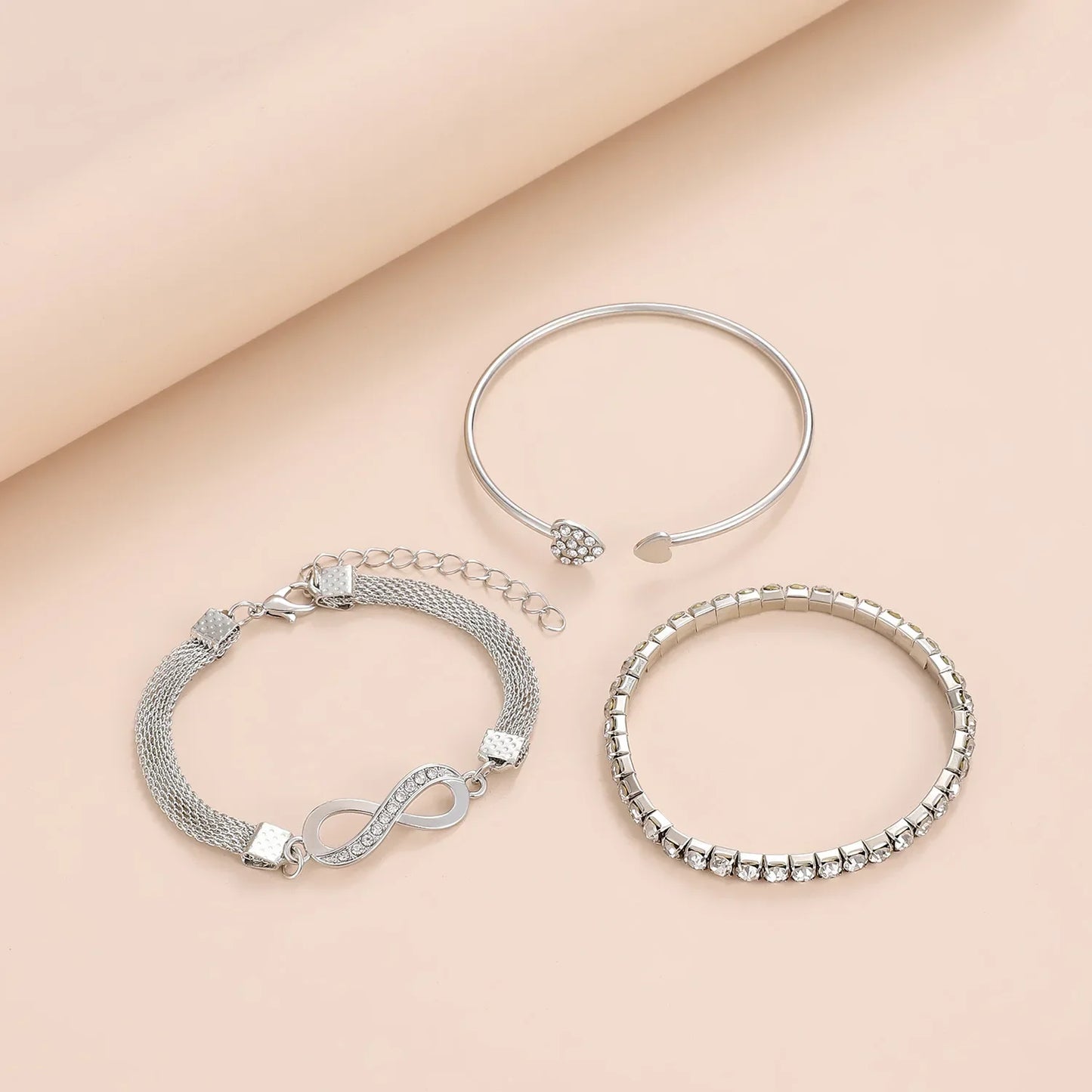 3Pcs Women Heart Bracelet Set. Fashion Crystal Tennis Chain Bangle