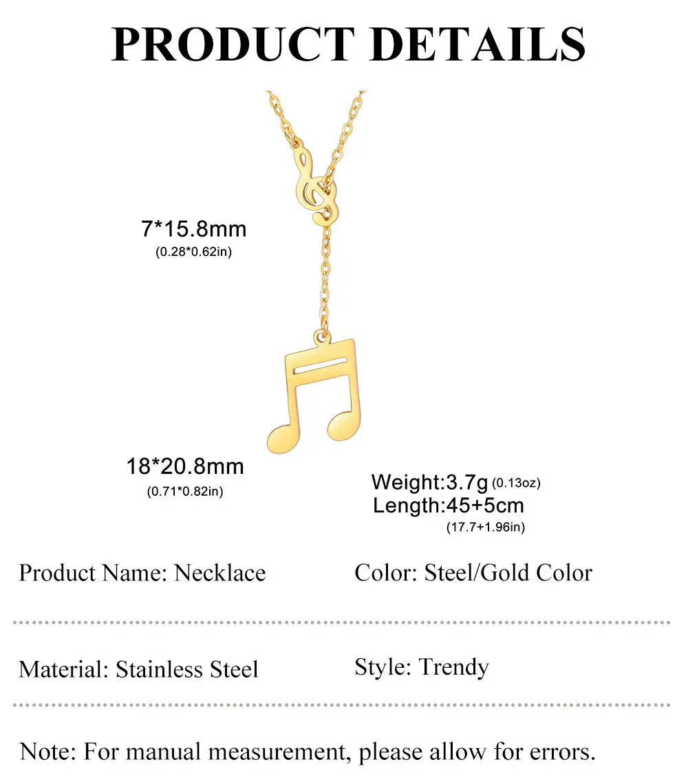 Music Note Pendant Necklace Stainless Steel
