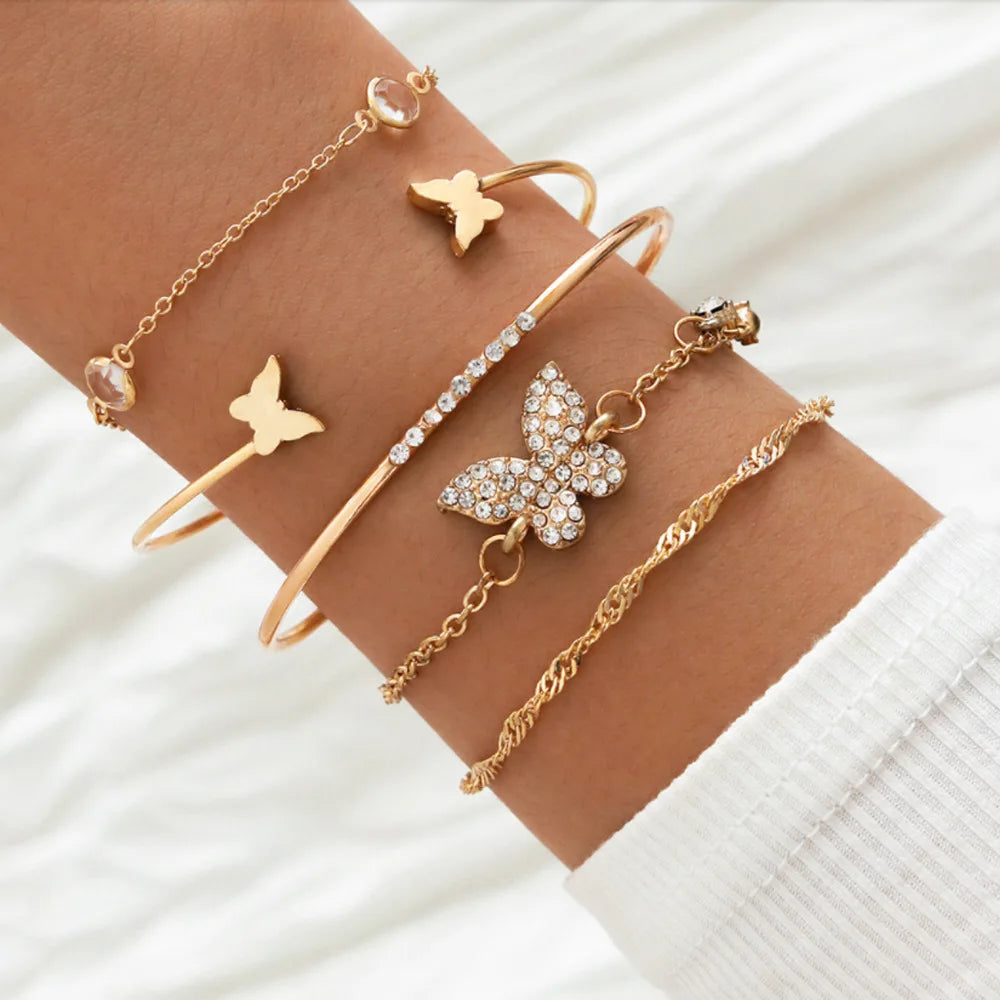 Geometric Link Chain Bracelet Set For Women Rhinestones Gold Color Leaves Heart Pendant Open Cuff Bangle Jewelry