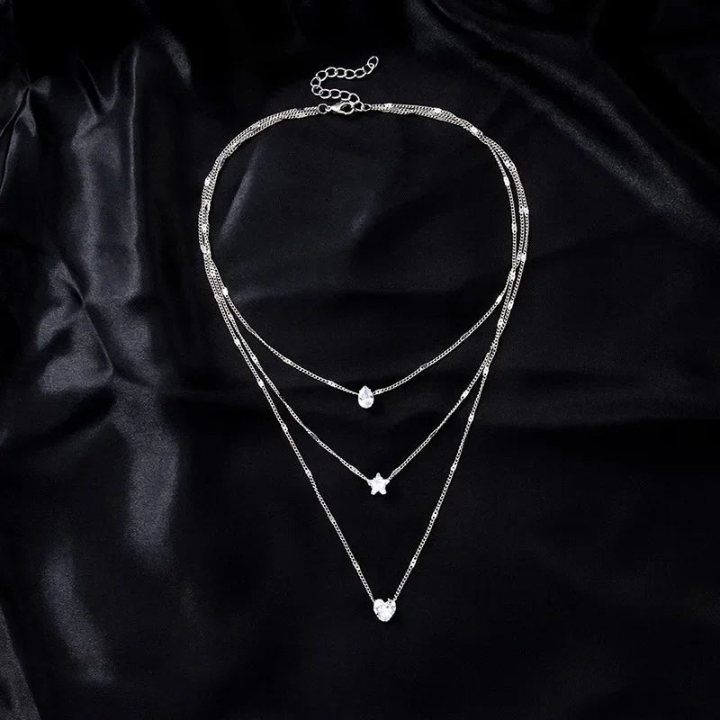 Multi-layer Necklace with a Simple Crystal Water Drop
