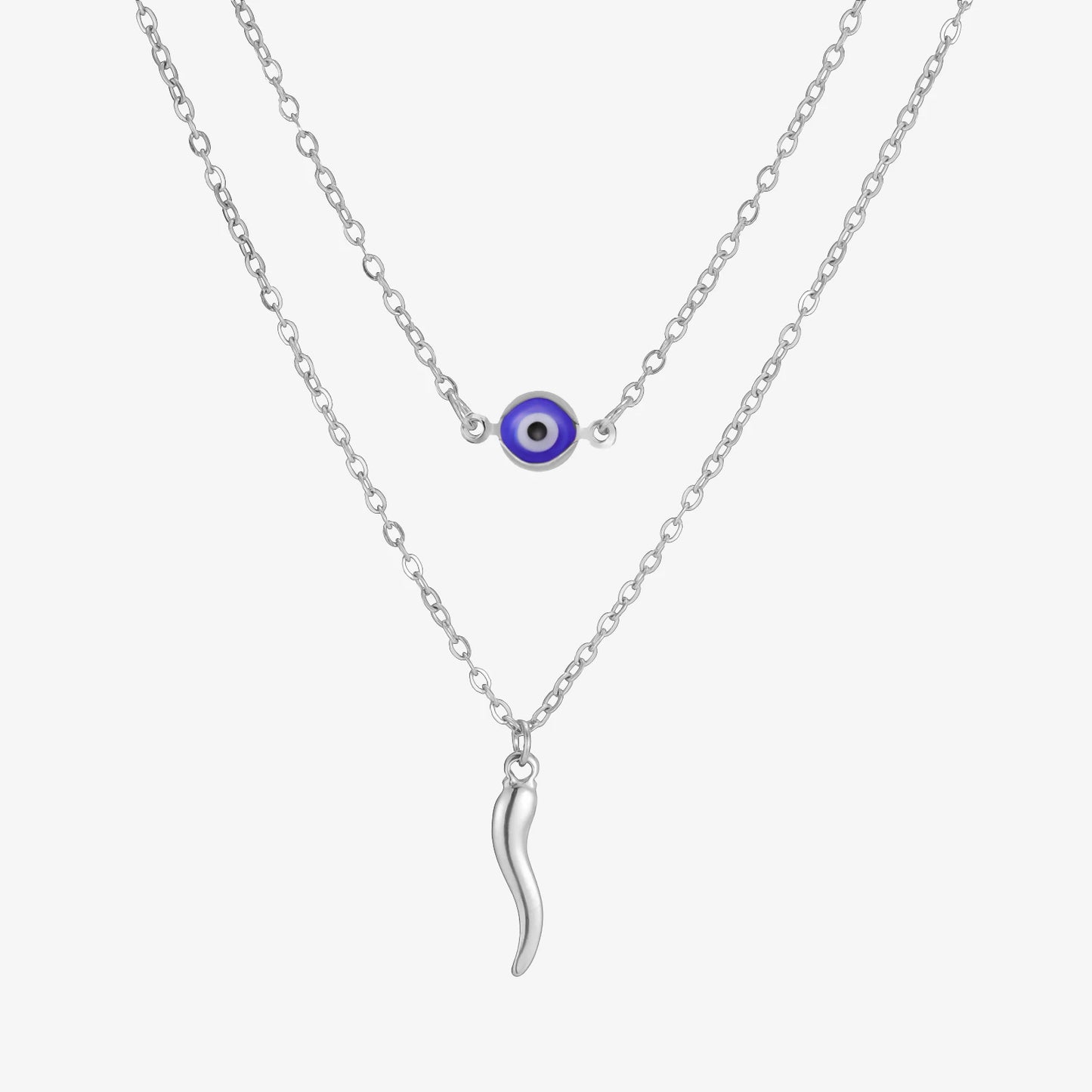 Italian Horn and Blue Evil Eye Charm Double Layer Necklace