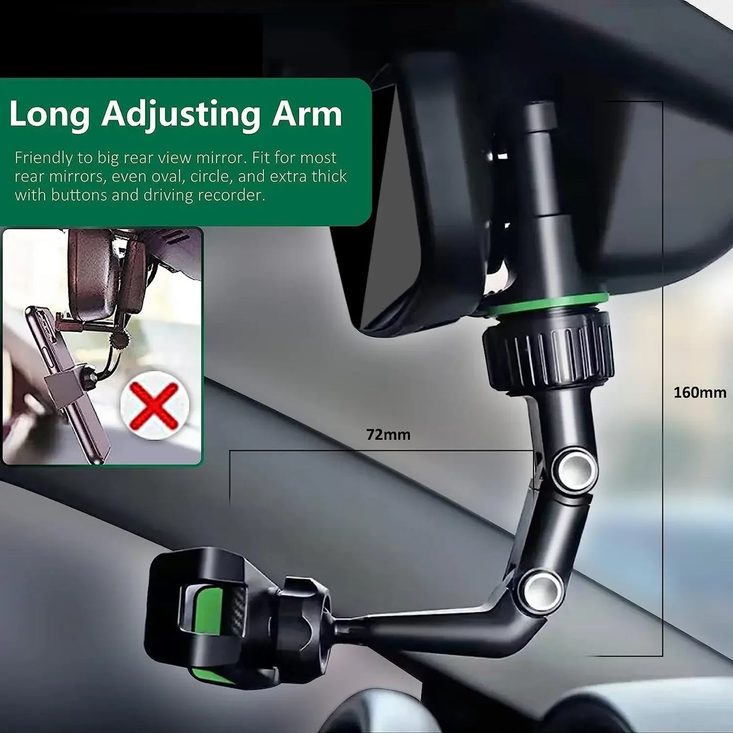 Vlogger Rearview Mirror Phone Holder, 360° Rotatable and Retractable Car Phone Mount,