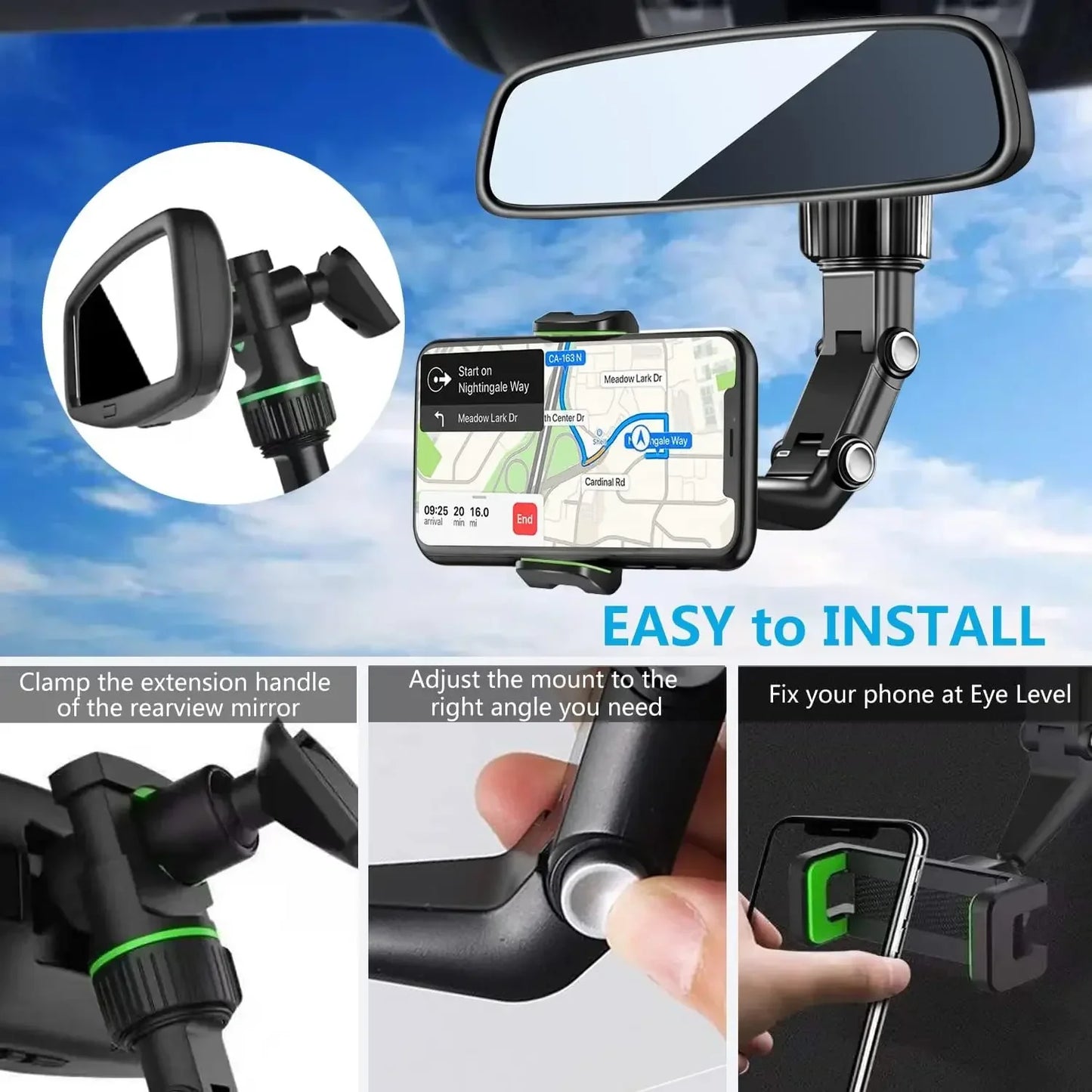 Vlogger Rearview Mirror Phone Holder, 360° Rotatable and Retractable Car Phone Mount,