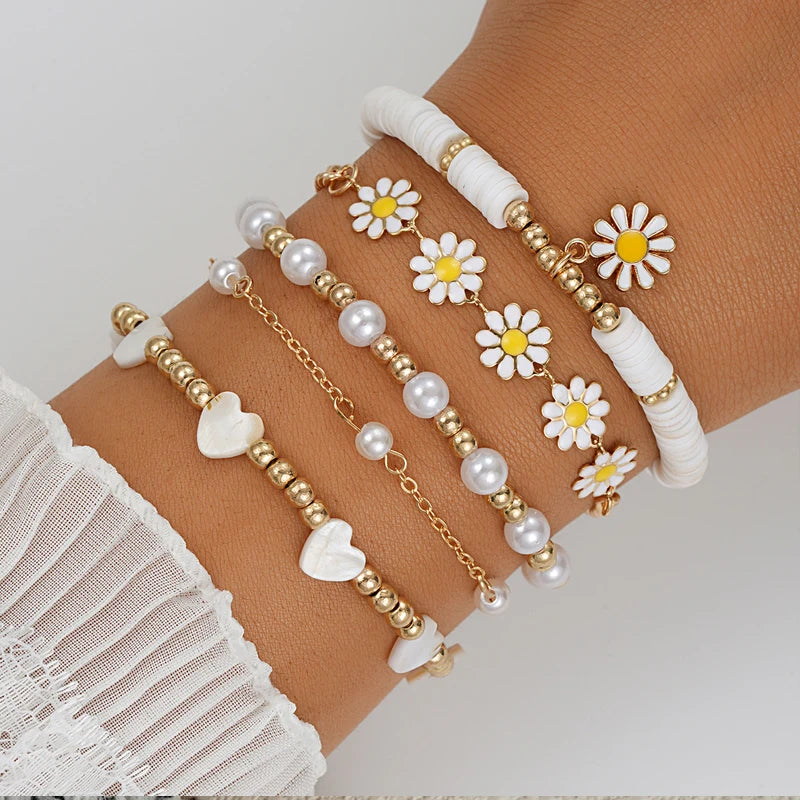 8pcs Daisy Flower Pendant Bracelet Set for Women Bohemian Beaded Enamel Star Heart Pearl Bangles