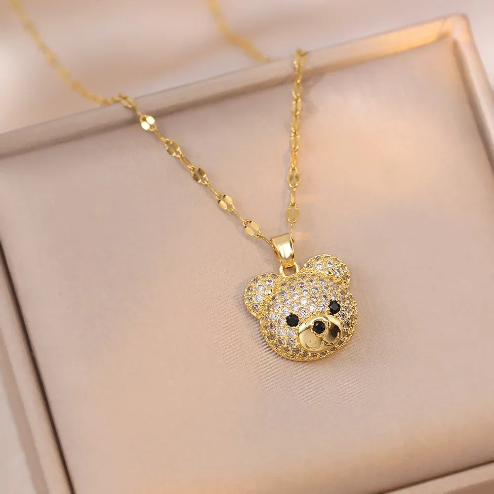 Cartoon Cute Animal Bear Encrusted with Zircon Necklaces Stainless Steel Collarbone Chain