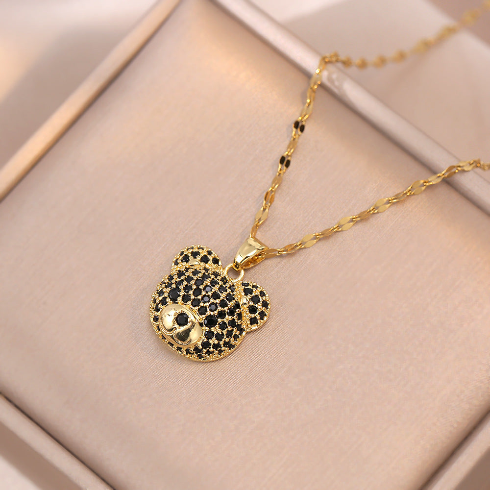 Cartoon Cute Animal Bear Encrusted with Zircon Necklaces Stainless Steel Collarbone Chain