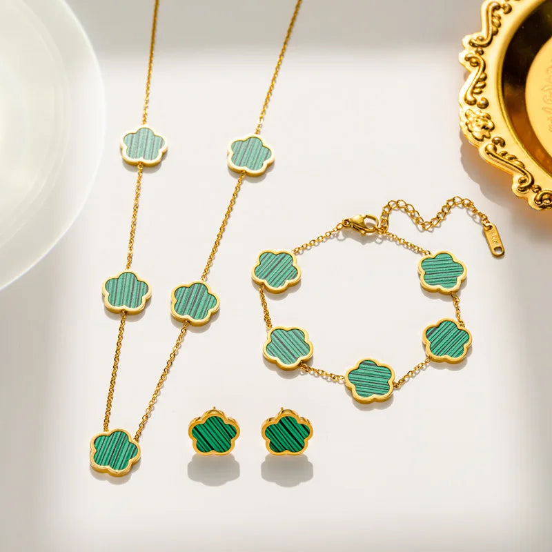 Lucky Clover 18K Gold Plated Clover Necklace Bracelet Earring Set