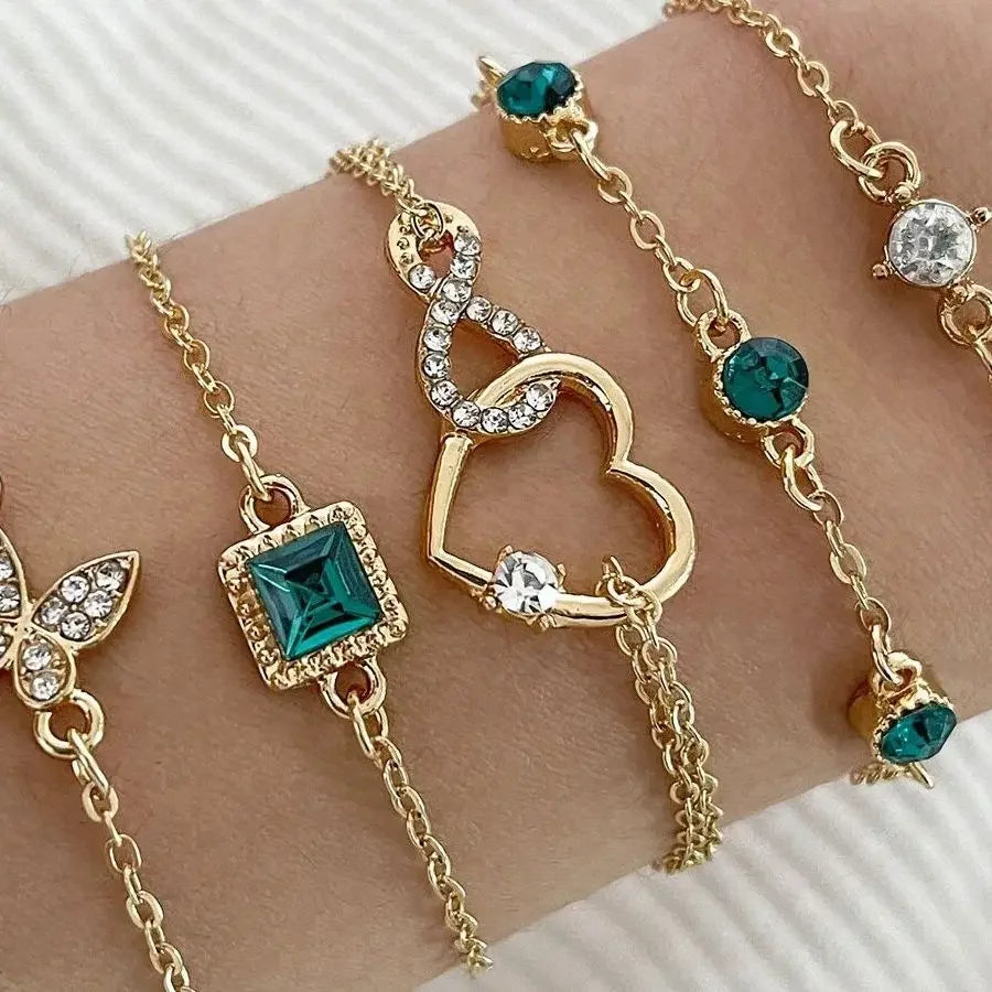 5 PCS Set Hallow Out Heart Green Crystal Stone Bracelet Set