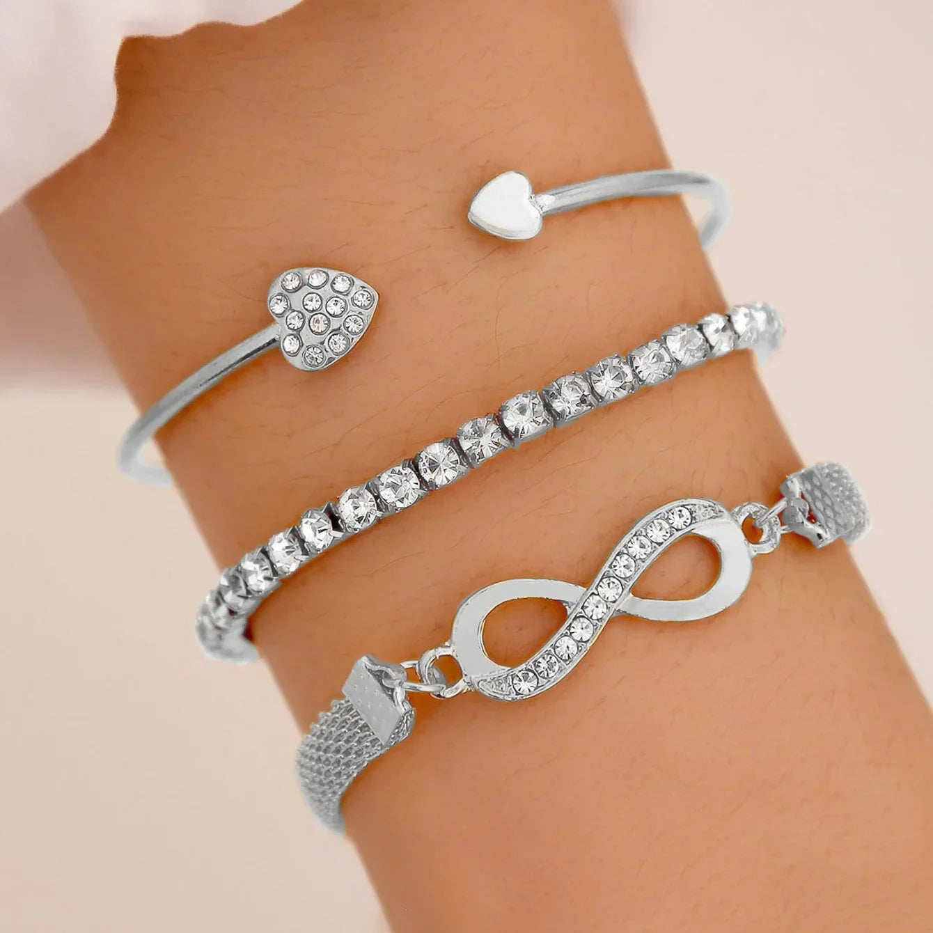 3Pcs Women Heart Bracelet Set. Fashion Crystal Tennis Chain Bangle