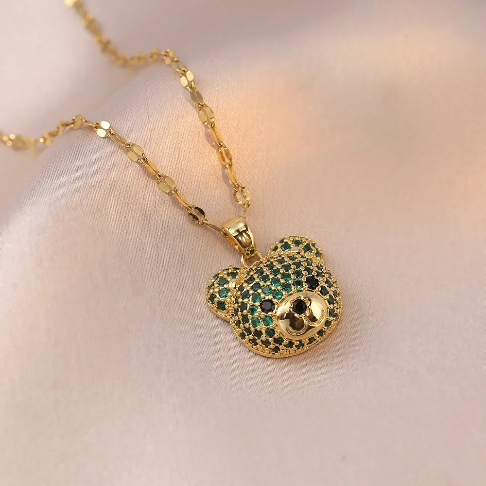 Cartoon Cute Animal Bear Encrusted with Zircon Necklaces Stainless Steel Collarbone Chain