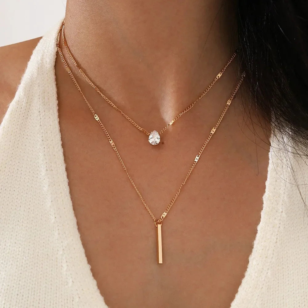 Multi-layer Necklace with a Simple Crystal Water Drop