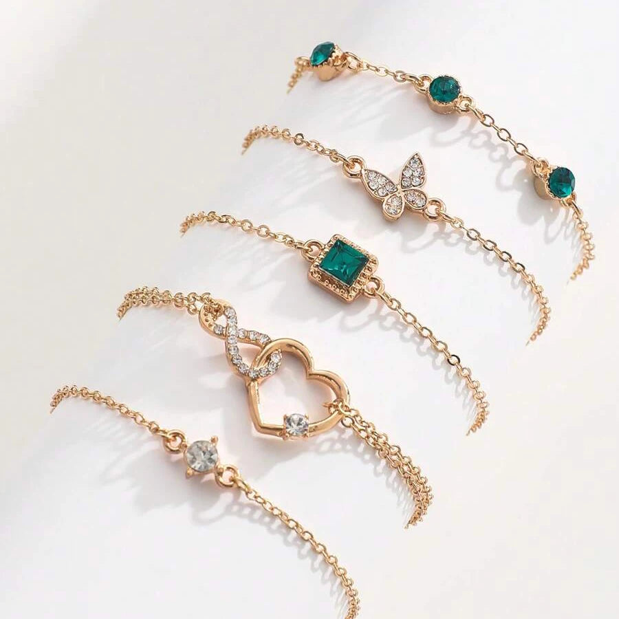 5 PCS Set Hallow Out Heart Green Crystal Stone Bracelet Set