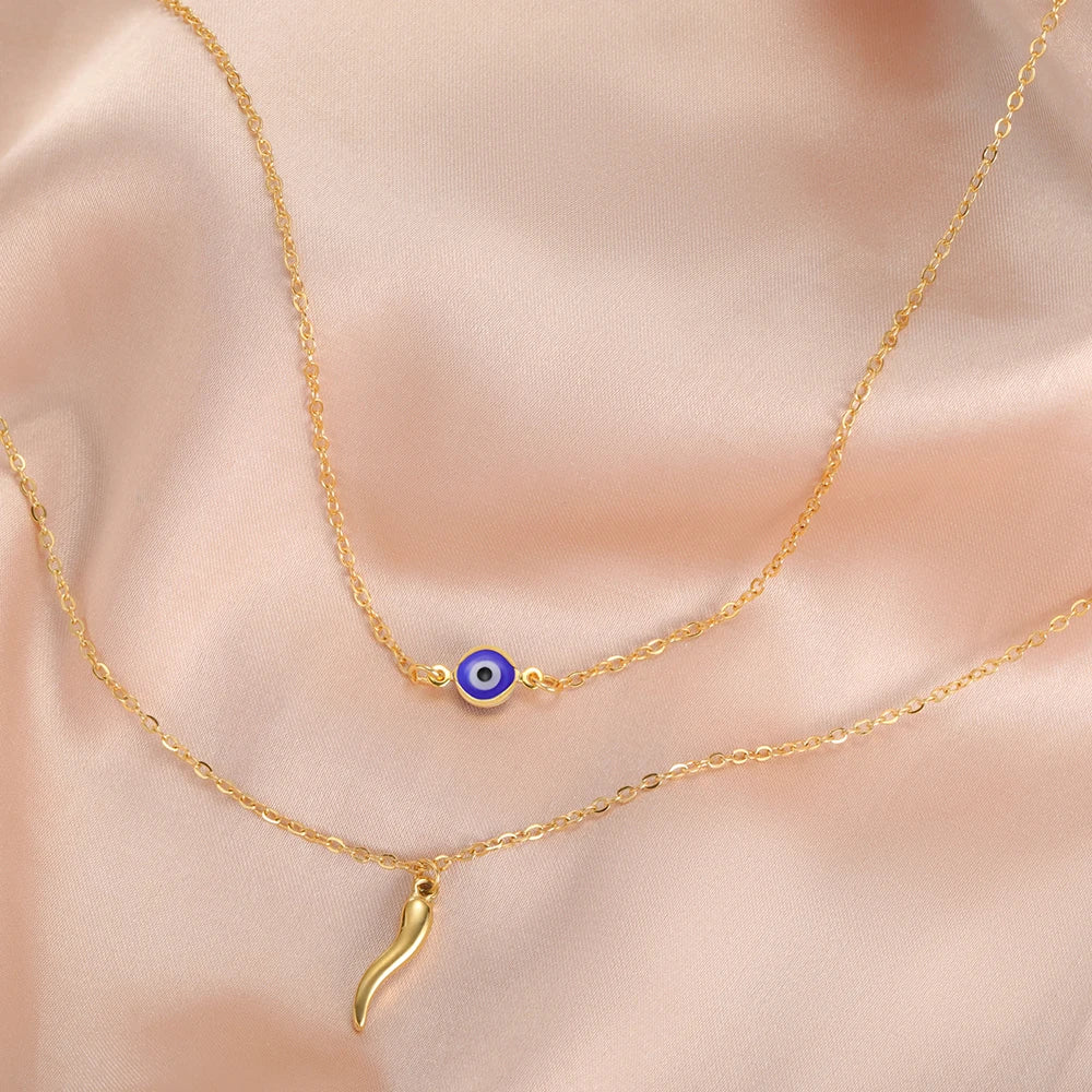 Italian Horn and Blue Evil Eye Charm Double Layer Necklace