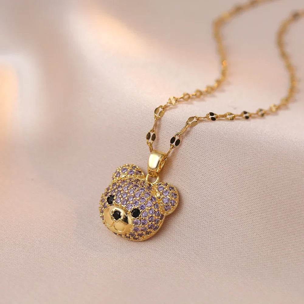 Cartoon Cute Animal Bear Encrusted with Zircon Necklaces Stainless Steel Collarbone Chain