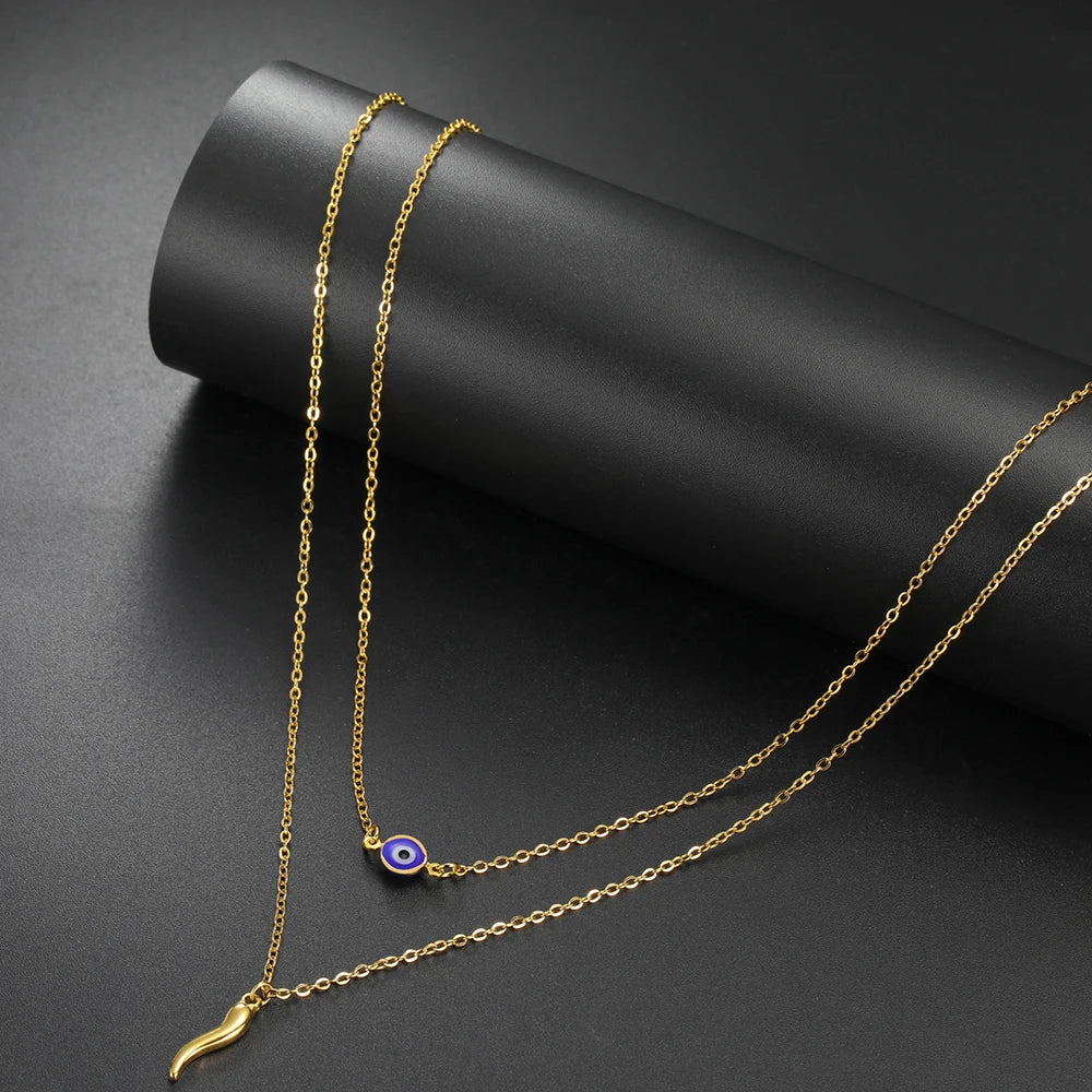 Italian Horn and Blue Evil Eye Charm Double Layer Necklace