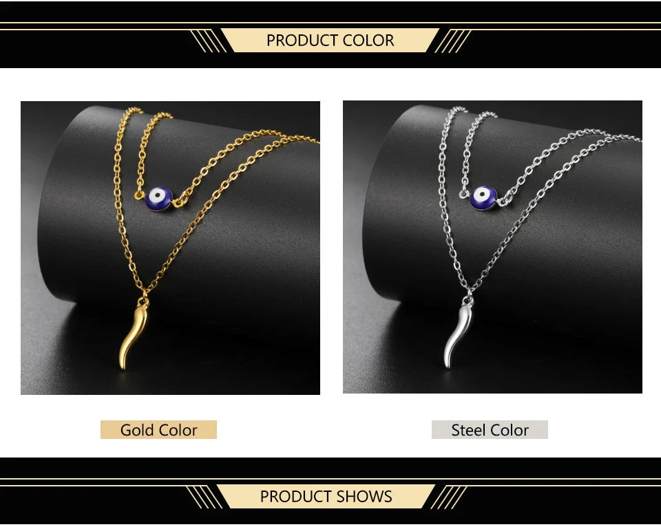 Italian Horn and Blue Evil Eye Charm Double Layer Necklace