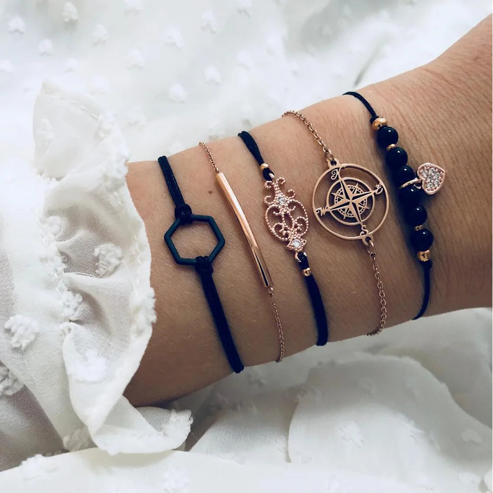 Geometric Link Chain Bracelet Set For Women Rhinestones Gold Color Leaves Heart Pendant Open Cuff Bangle Jewelry