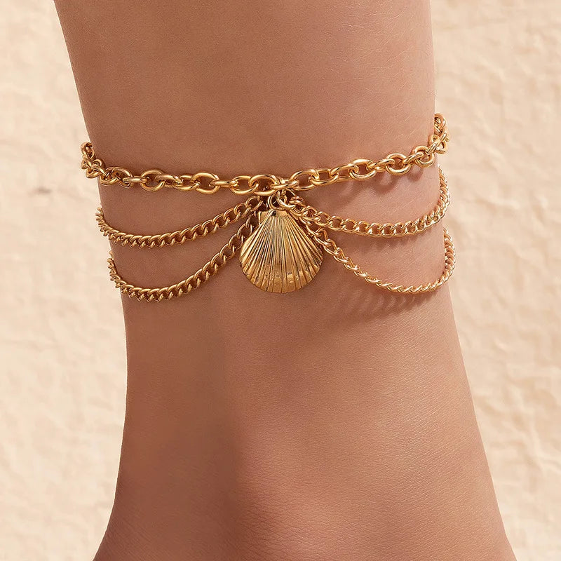 Sexy Multi-layer Anklet with a Starfish Heart Shell or snake