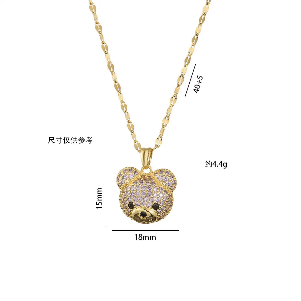 Cartoon Cute Animal Bear Encrusted with Zircon Necklaces Stainless Steel Collarbone Chain