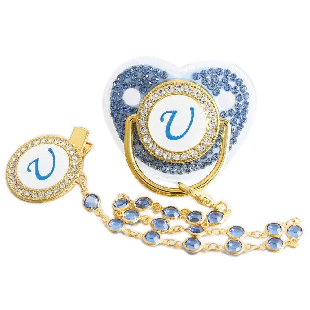 Blue Baby Pacifier with Bead Chain Gem Clip