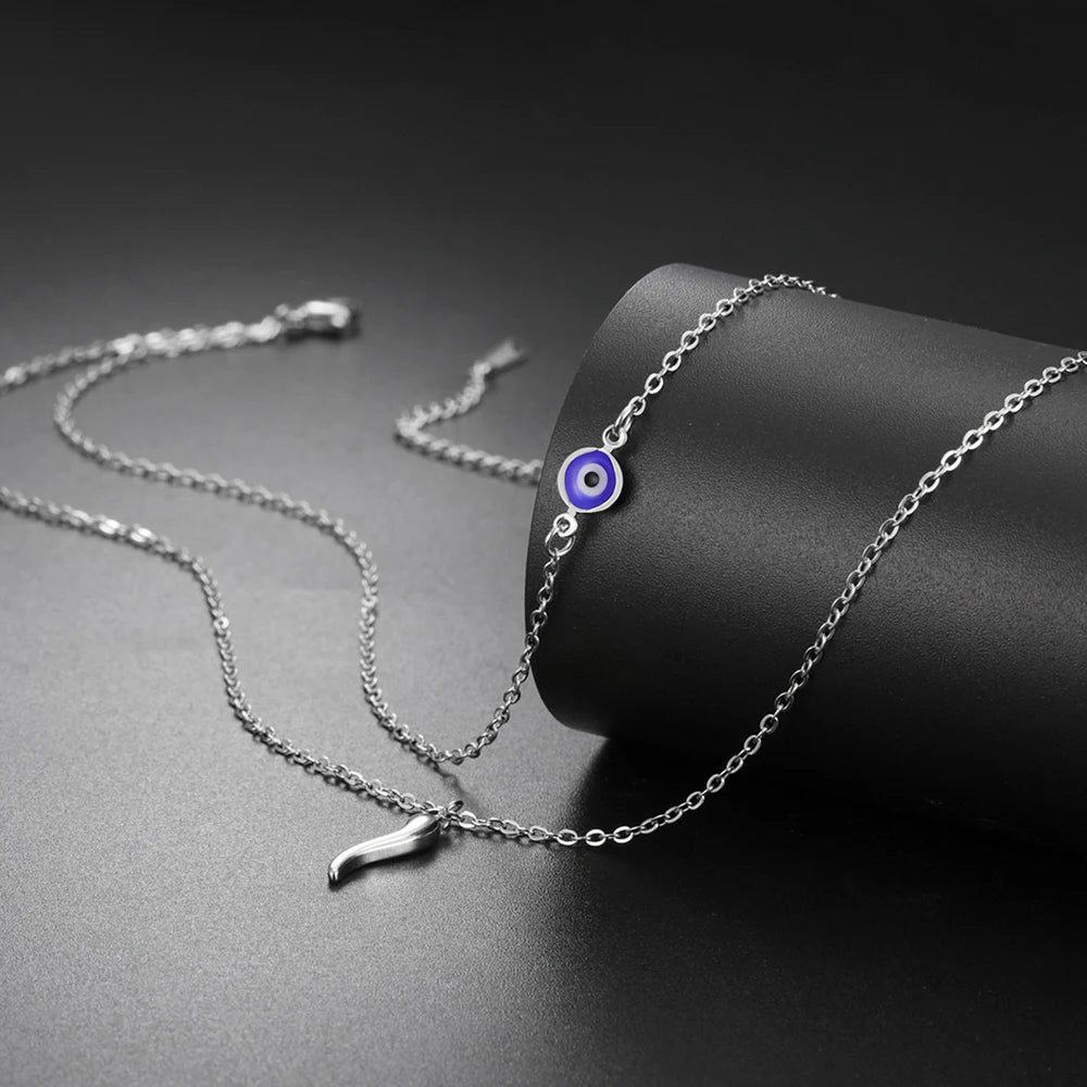 Italian Horn and Blue Evil Eye Charm Double Layer Necklace