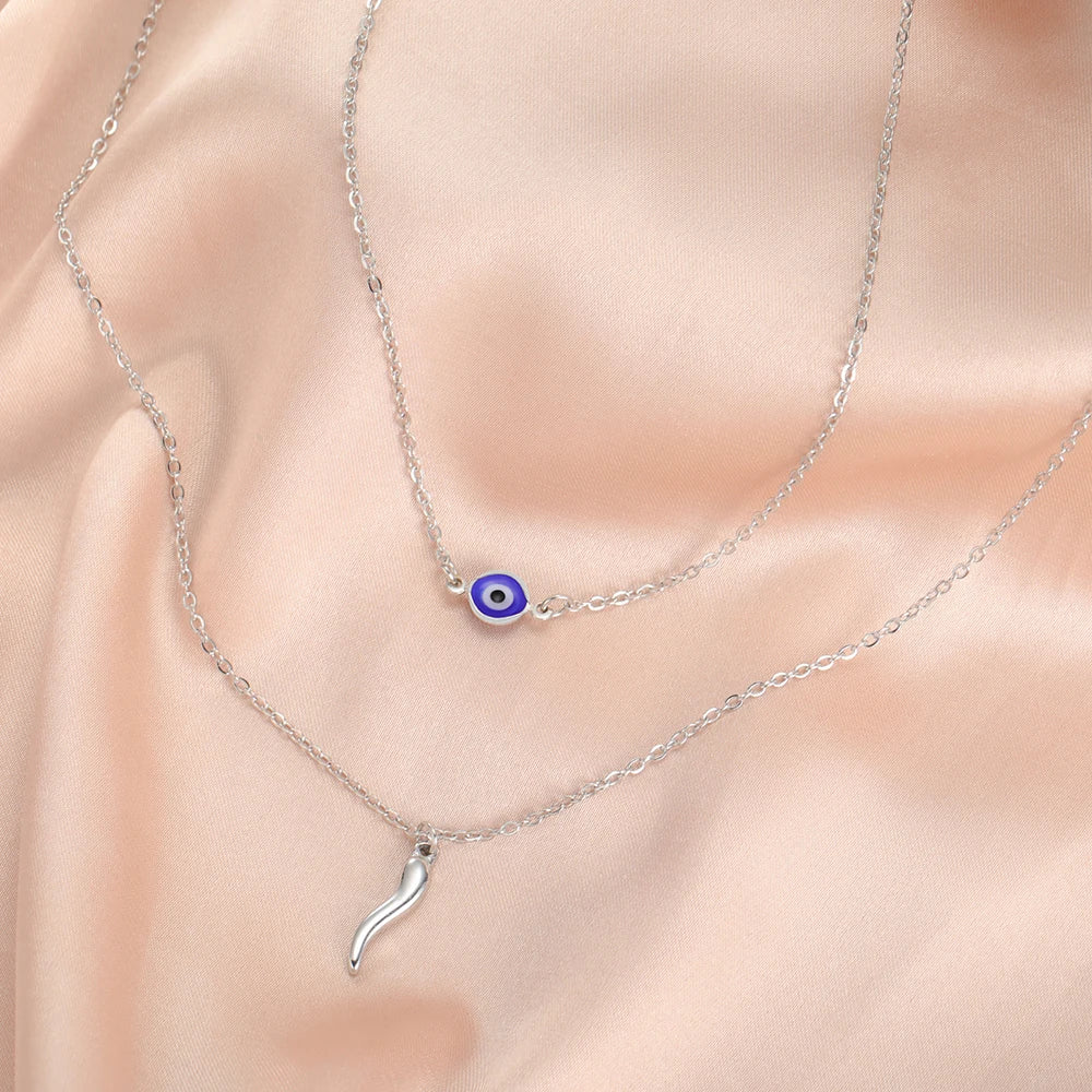 Italian Horn and Blue Evil Eye Charm Double Layer Necklace