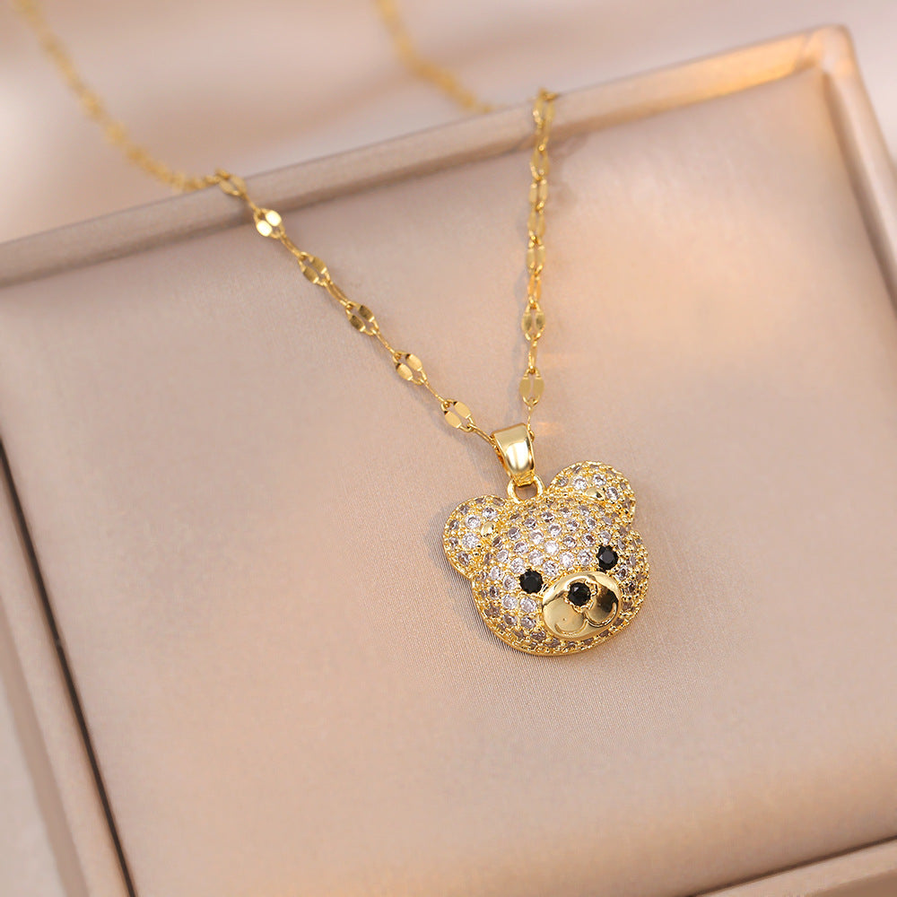 Cartoon Cute Animal Bear Encrusted with Zircon Necklaces Stainless Steel Collarbone Chain