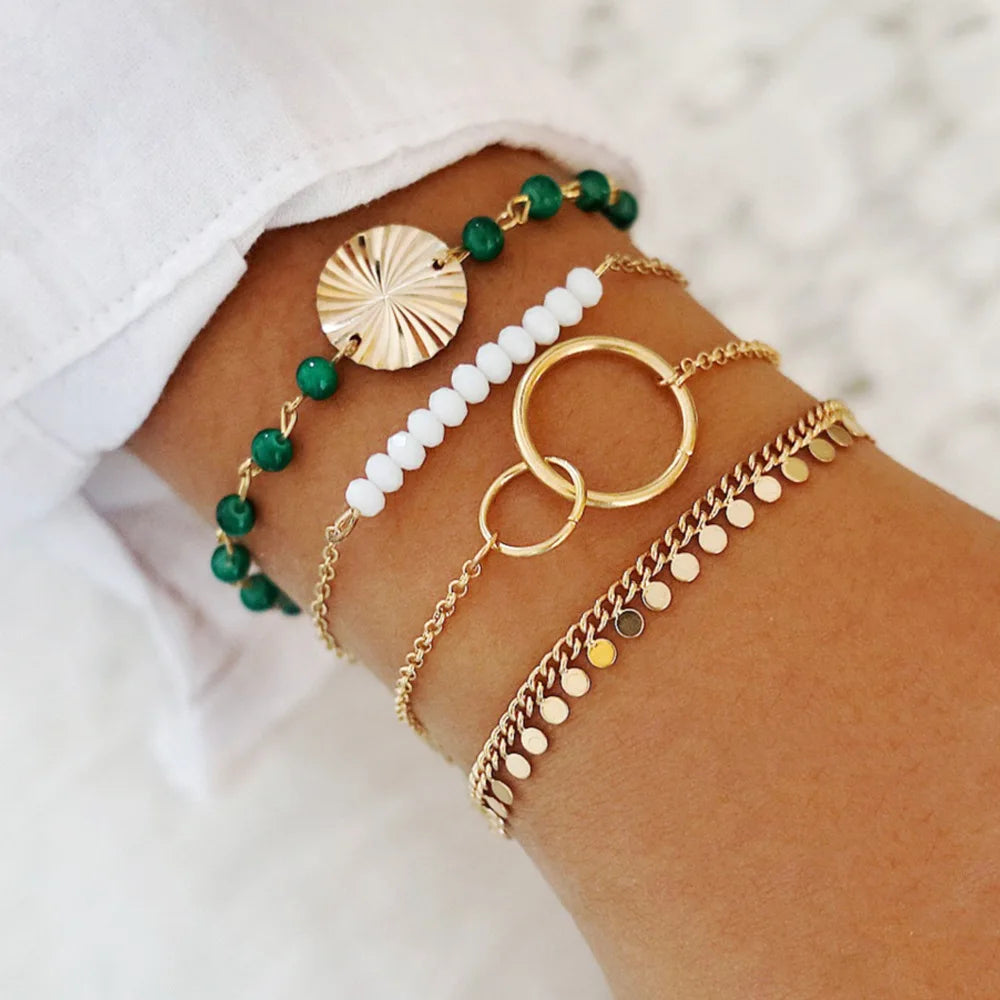 Geometric Link Chain Bracelet Set For Women Rhinestones Gold Color Leaves Heart Pendant Open Cuff Bangle Jewelry
