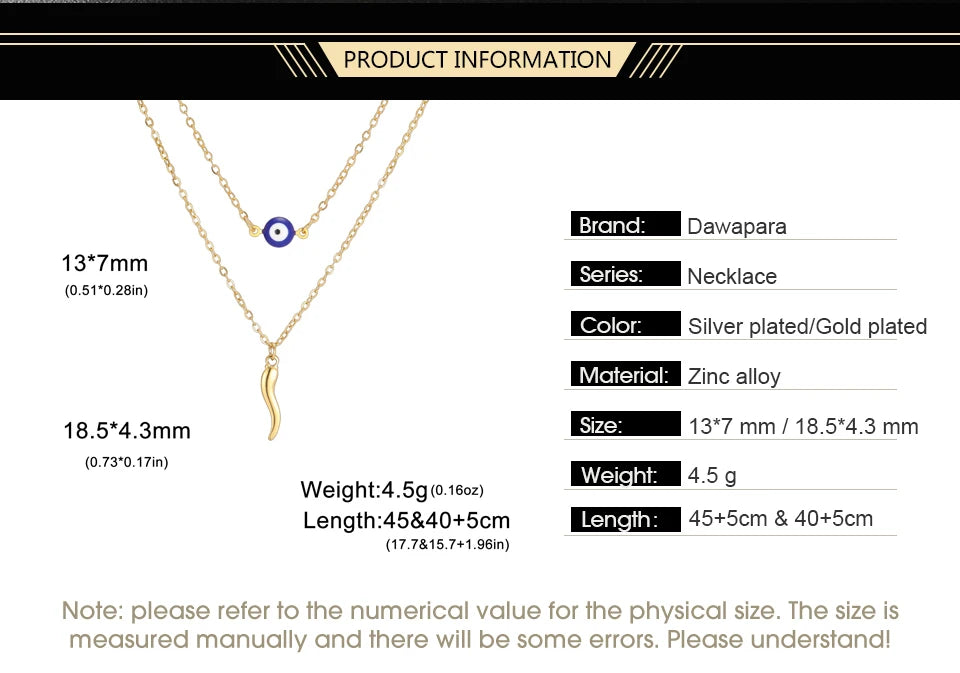 Italian Horn and Blue Evil Eye Charm Double Layer Necklace