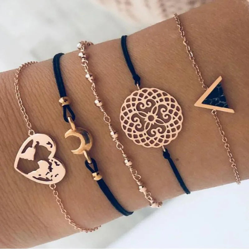 New Design Vintage Women Boho Bracelets Set Moon Shell Heart Tortoise Charm Beads Chains Bangle