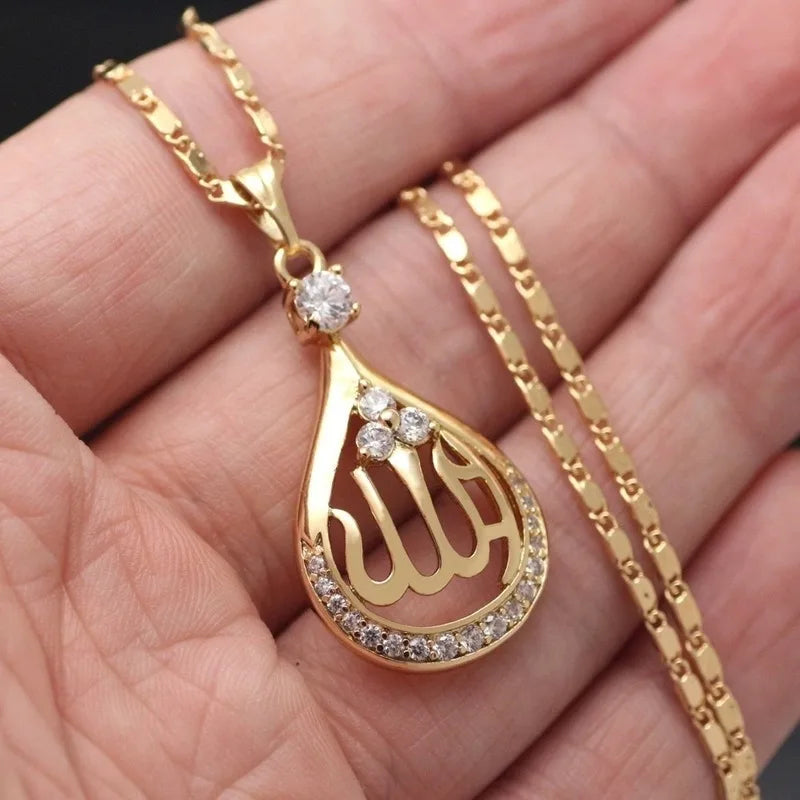 Islamic Muslim Allah Quran Drop Shape Pendant Necklace Short Eye Catching Religious Amulet for Men and Women