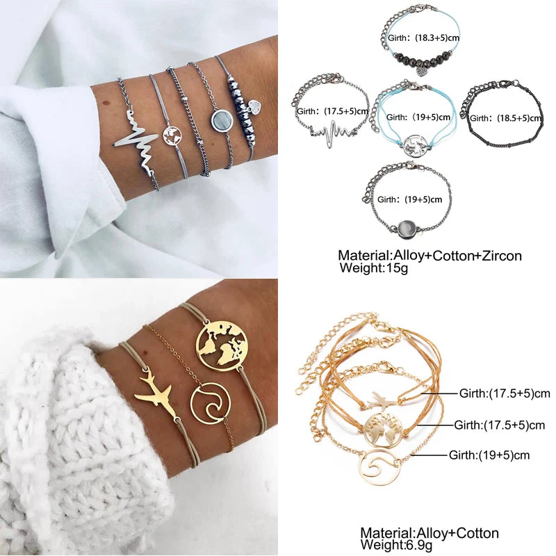 New Design Vintage Women Boho Bracelets Set Moon Shell Heart Tortoise Charm Beads Chains Bangle