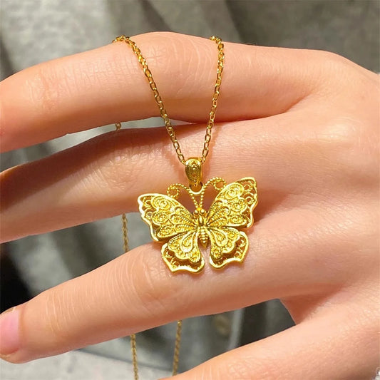 Shiny Pure 14 K Gold Color Butterfly Pendant Necklace