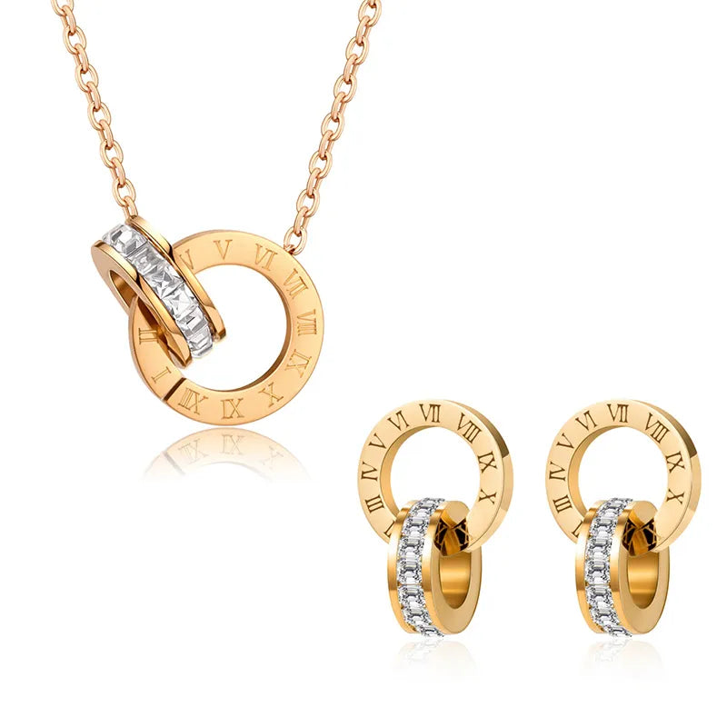 Roman Numeral Crystal Stainless Steel Earrings & Necklace set