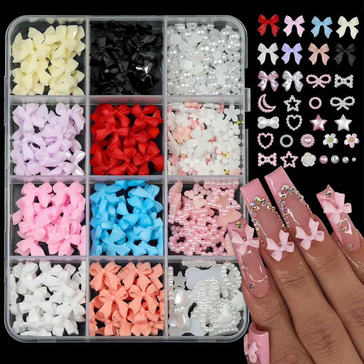 12Grids/box Mixed Resin Bowknot Nail Art Decorations/ 3D Acrylic Charms DIY Manicure