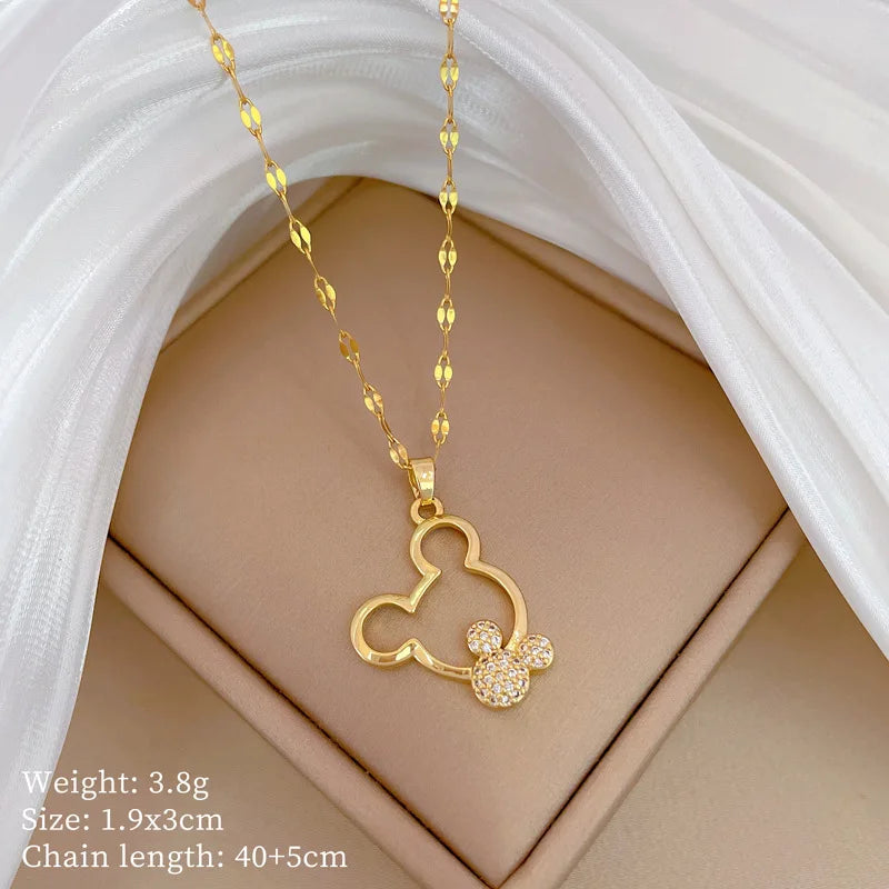 Mickey Mouse Stainless Steel Chain Zircon Pendant Necklace