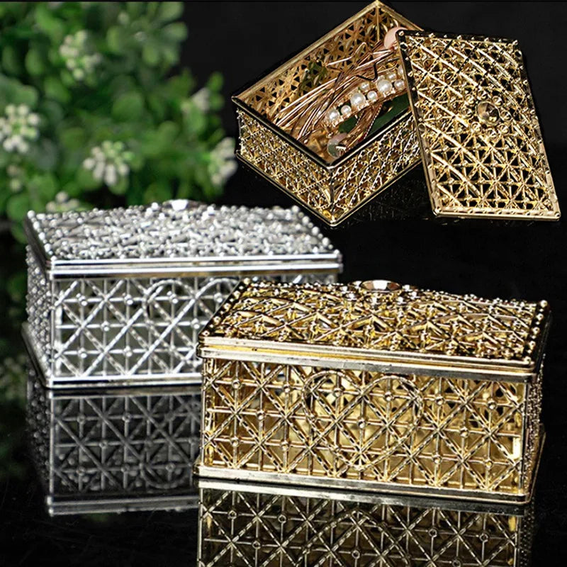 2 PCs Mini Treasure Storage Jewelry Box Silver-color Hollow Flower Pattern