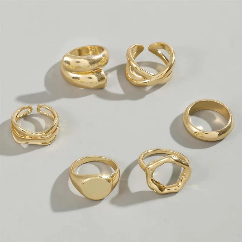 6Pcs/Set Gold Color Geometric Open Rings