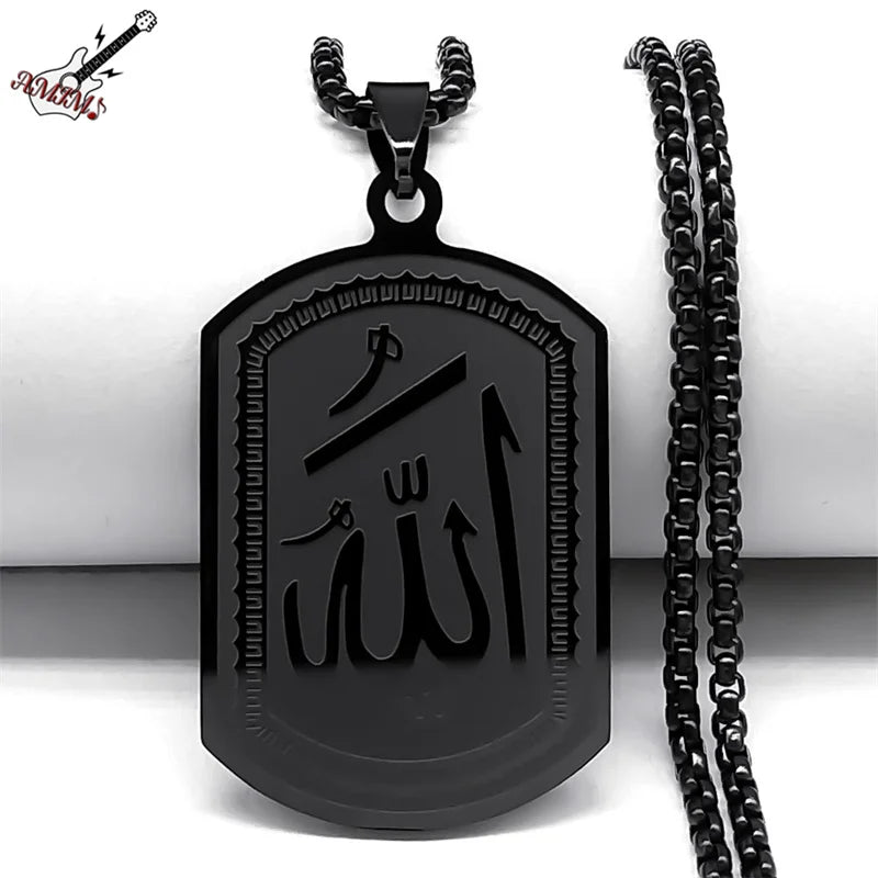 Stainless Steel Islamic Arab Allah Blessing God Pendant Necklace for Men/Women Black Color Islam Chain Necklace