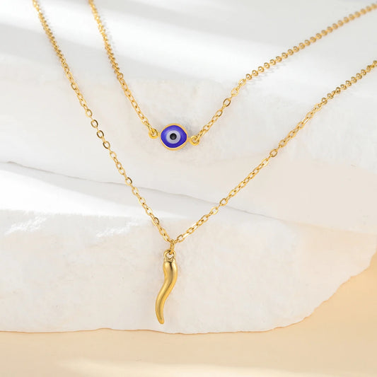 Italian Horn and Blue Evil Eye Charm Double Layer Necklace