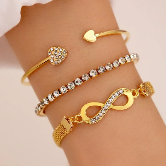 3Pcs Women Heart Bracelet Set. Fashion Crystal Tennis Chain Bangle