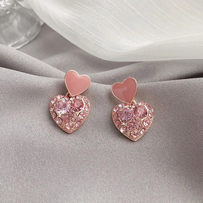 Cute Sweet Love Heart Drop Pink Crystal Rhinestones Earrings