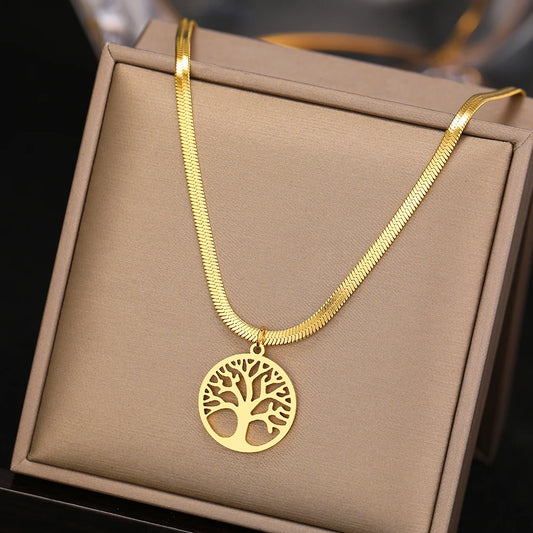 Unique Tree of Life Pendant with a Snake Herringbone Blade Chain