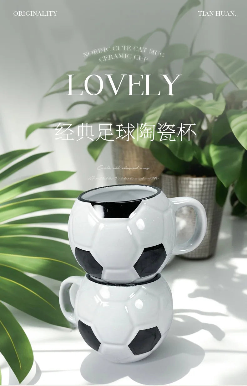 1pc Football Shape Ceramic Coffee Mug with Handle Heat-resistant Soccer Ball Cup