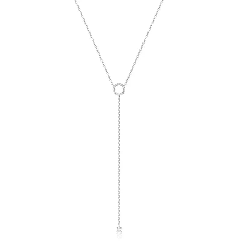 Sterling Silver Double-Deck Circle Zircon Pendant Long O-Chain Choker Necklace