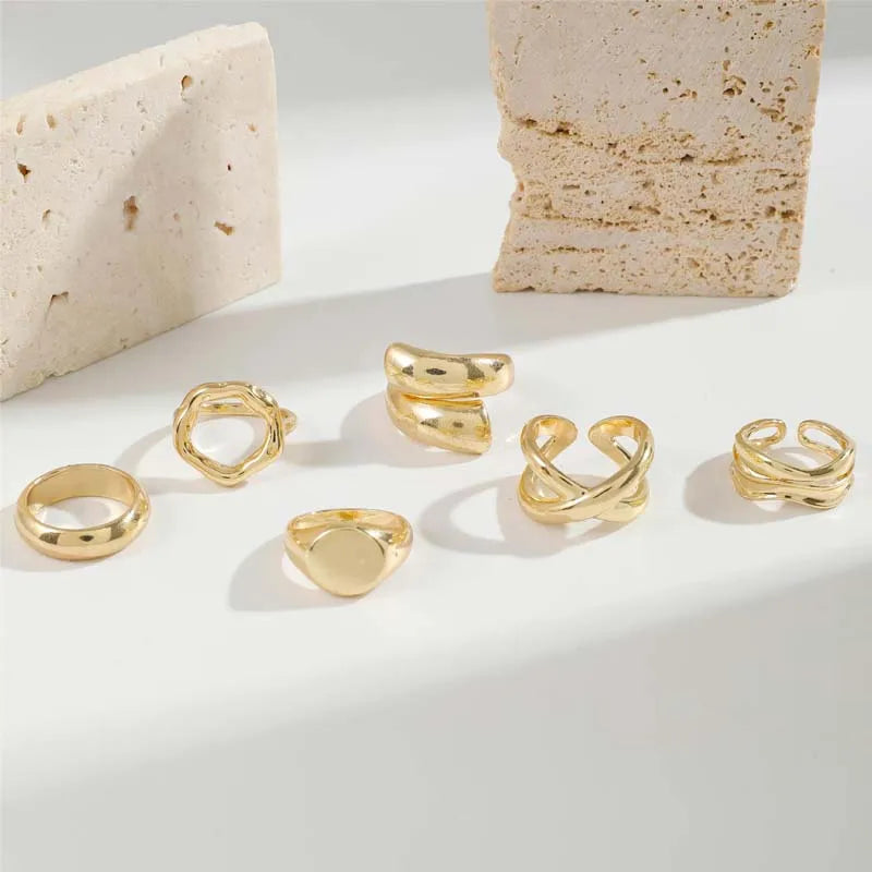 6Pcs/Set Gold Color Geometric Open Rings