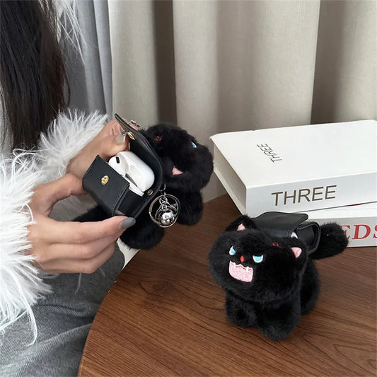 Black Cat Backpack Plush Case for AirPods