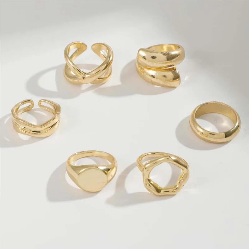 6Pcs/Set Gold Color Geometric Open Rings