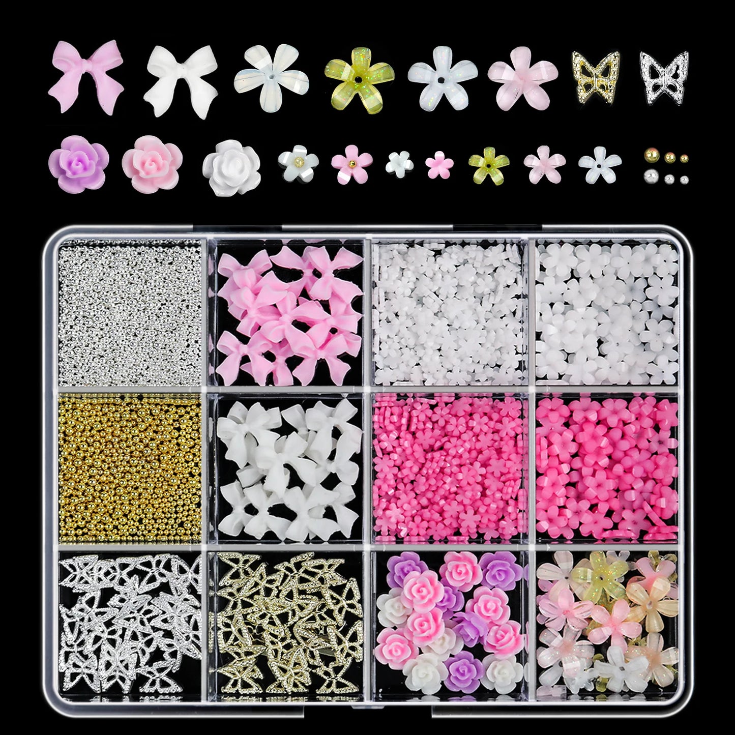 12Grids/box Mixed Resin Bowknot Nail Art Decorations/ 3D Acrylic Charms DIY Manicure